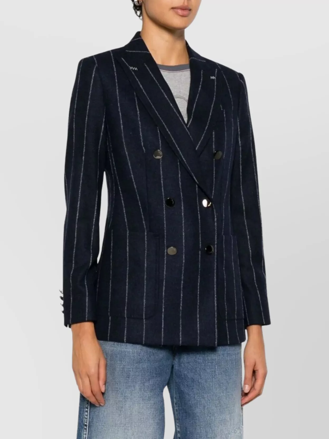 Max Mara Double-breasted Pinstriped Jacket Flap Pockets In Black