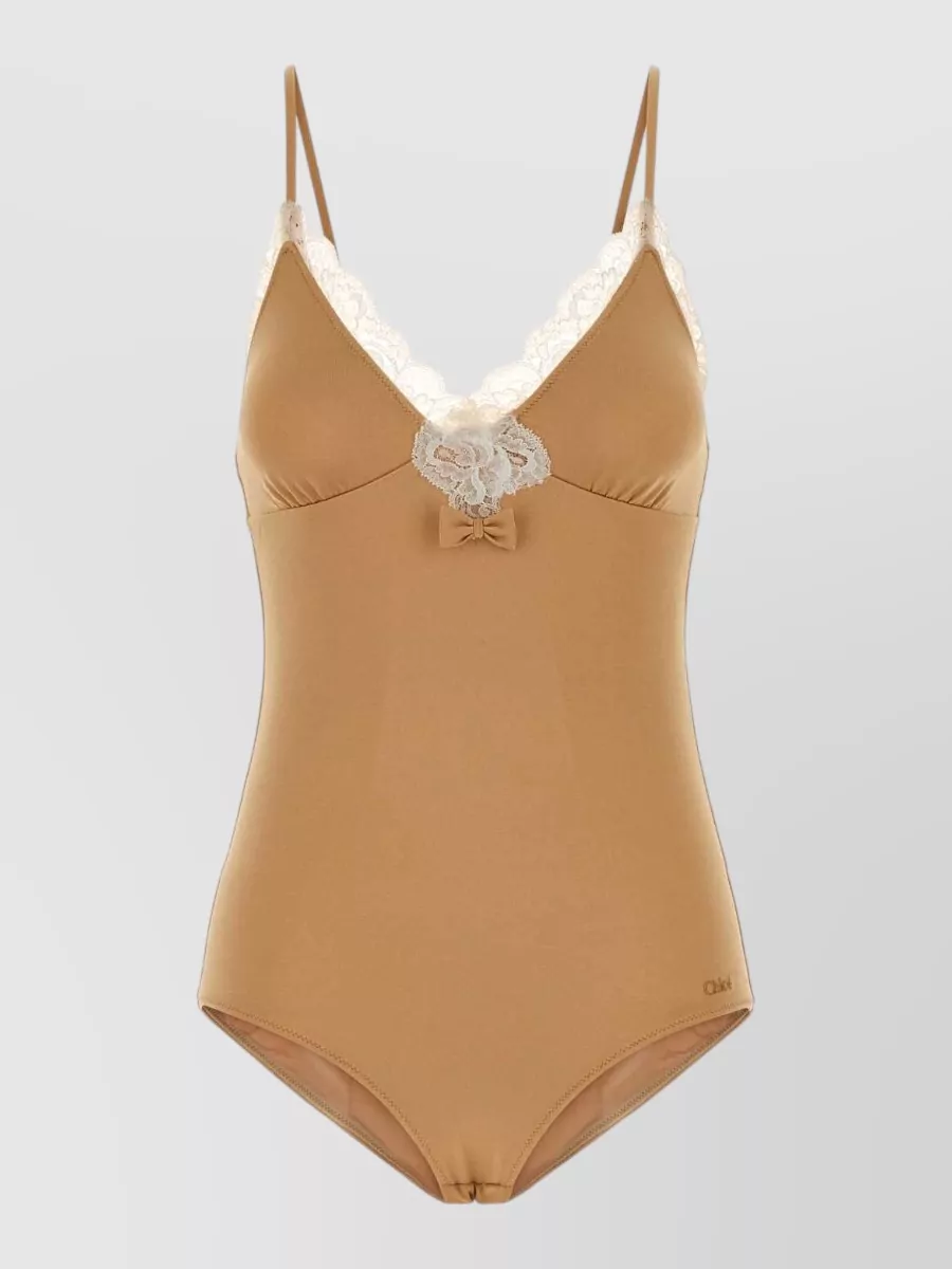 Chloé Lace trim ruched v-neck bodysuit