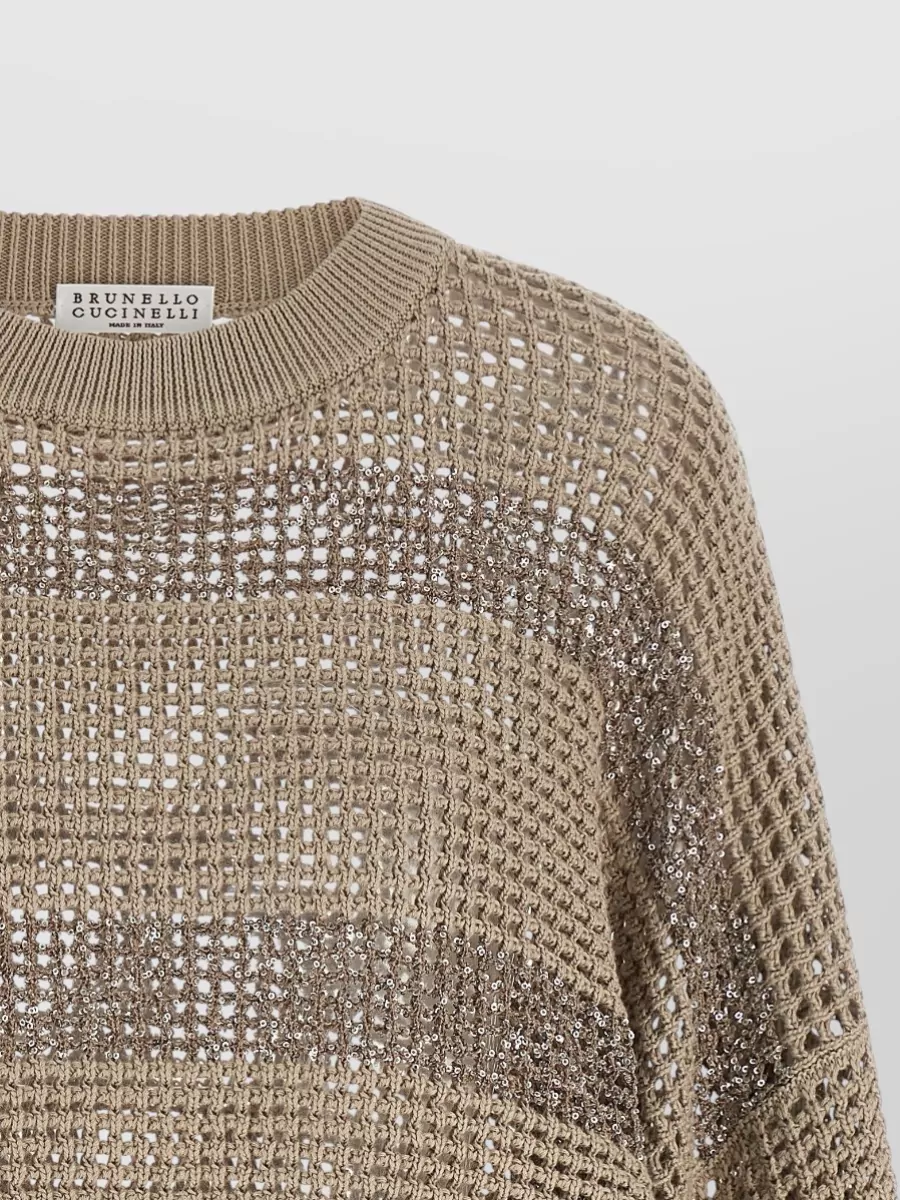 Brunello Cucinelli Cotton Mesh Sequin-Embellished Crew-Neck 3/4-Sleeve Sweater
