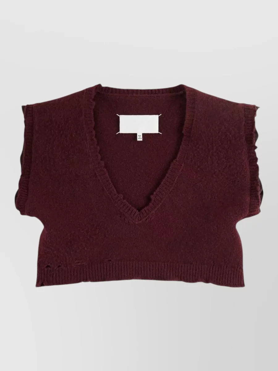 Maison Margiela virgin wool distressed cropped v-neck sleeveless ribbed knitted top