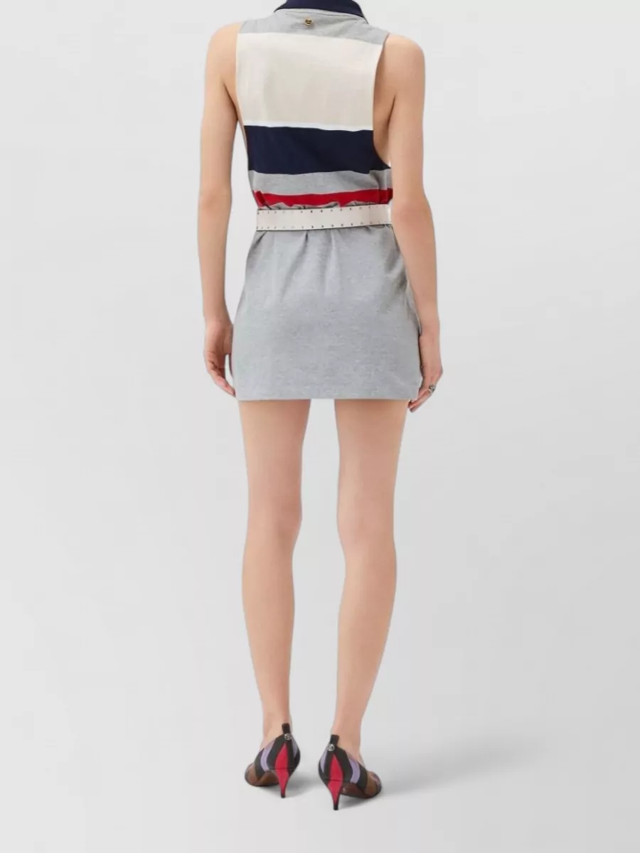 Versace Cotton Ribbed Sleeveless Striped Cutout Polo Mini Dress