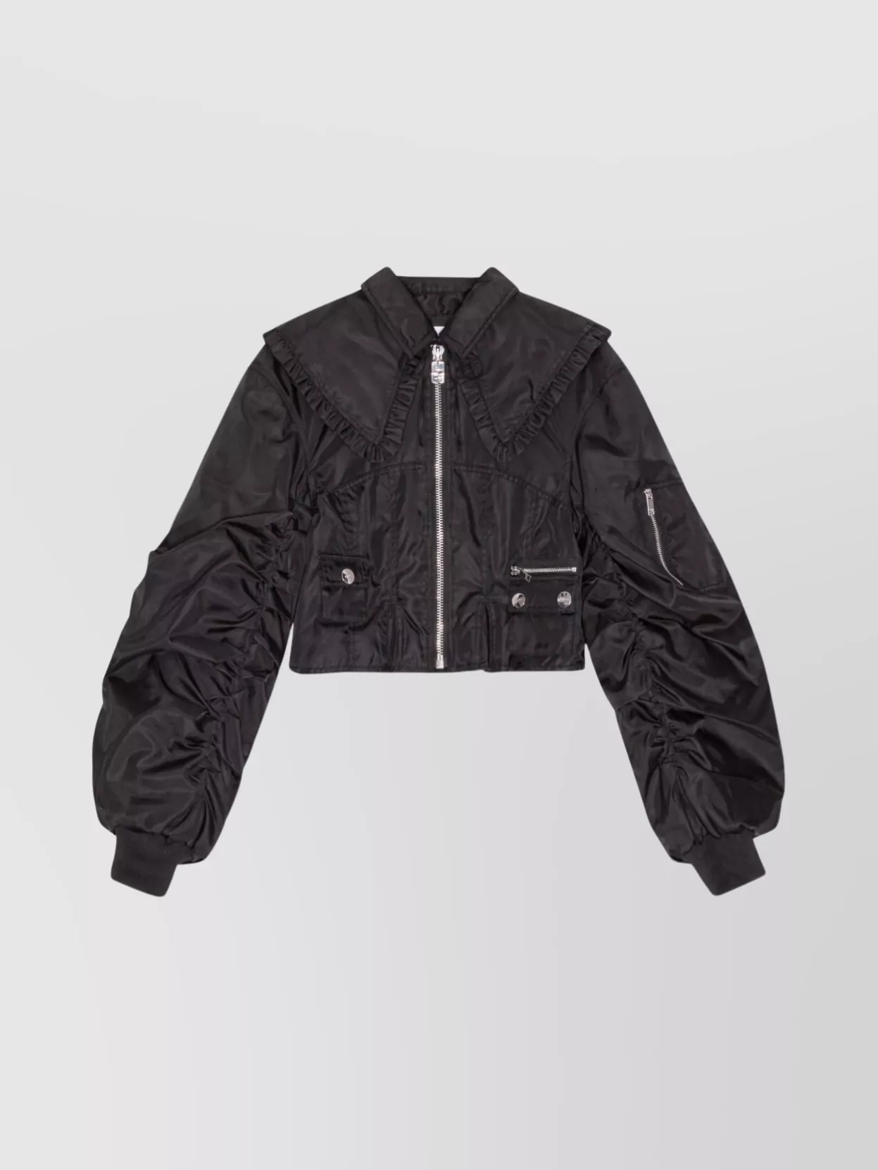 【Ganni】 Cropped ruched bomber jacket Ganni Cropped nylon bomber jacket with ruched sleeves | The