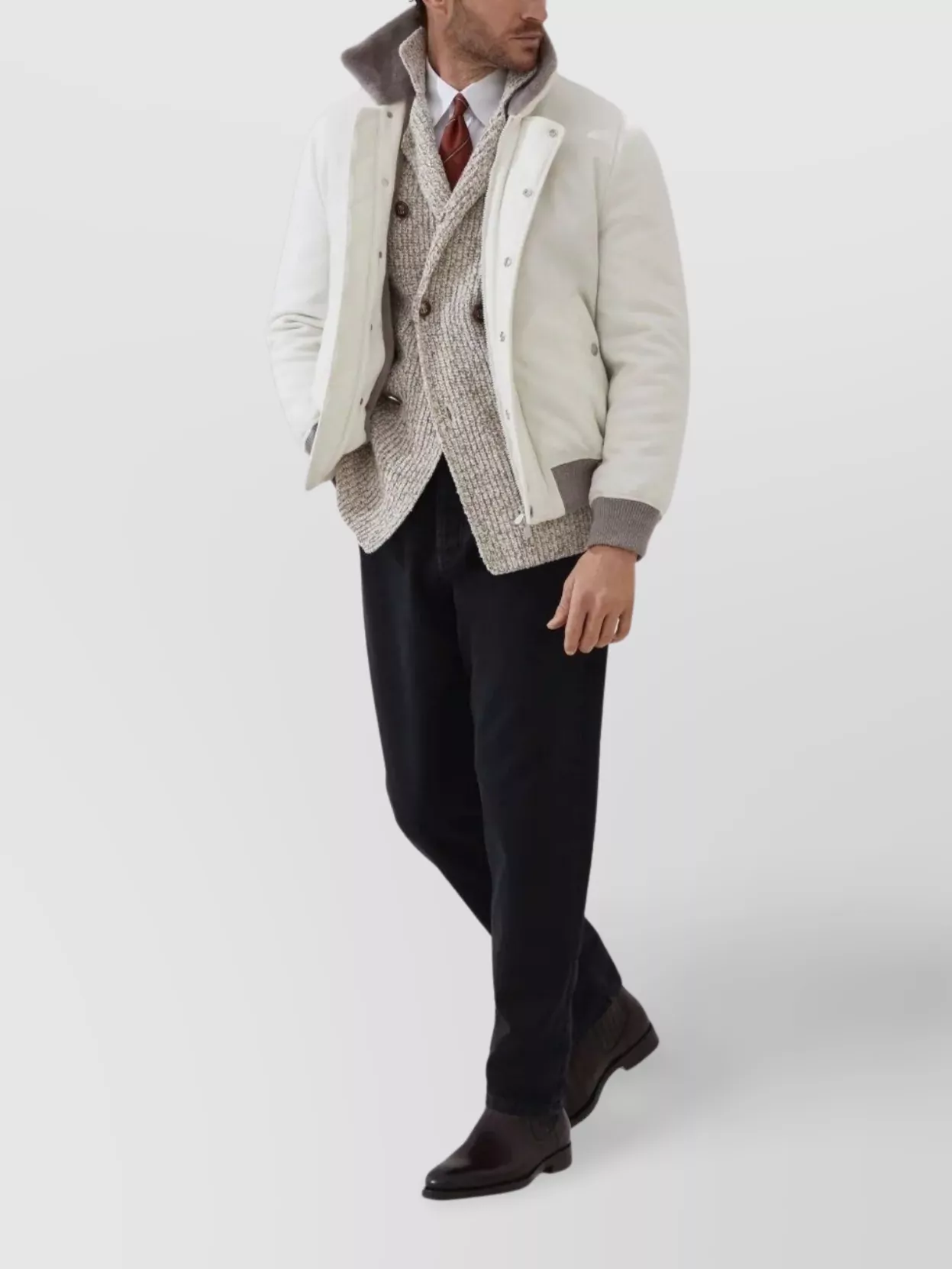Brunello Cucinelli Textured Knit Double-breasted Jacket With High Collar In Neutral