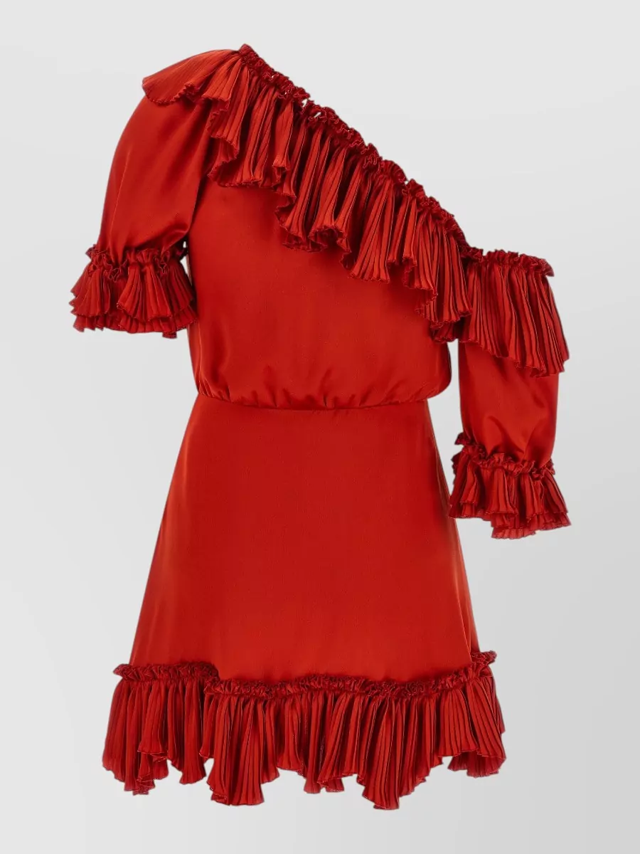 Saint Laurent Silk One-Shoulder Short-Sleeve Pleated Asymmetric Mini Dress