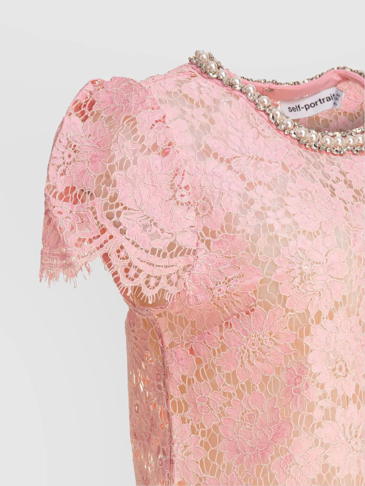 Shop Self-portrait Floral Lace Scalloped Beaded Short Sleeve Top