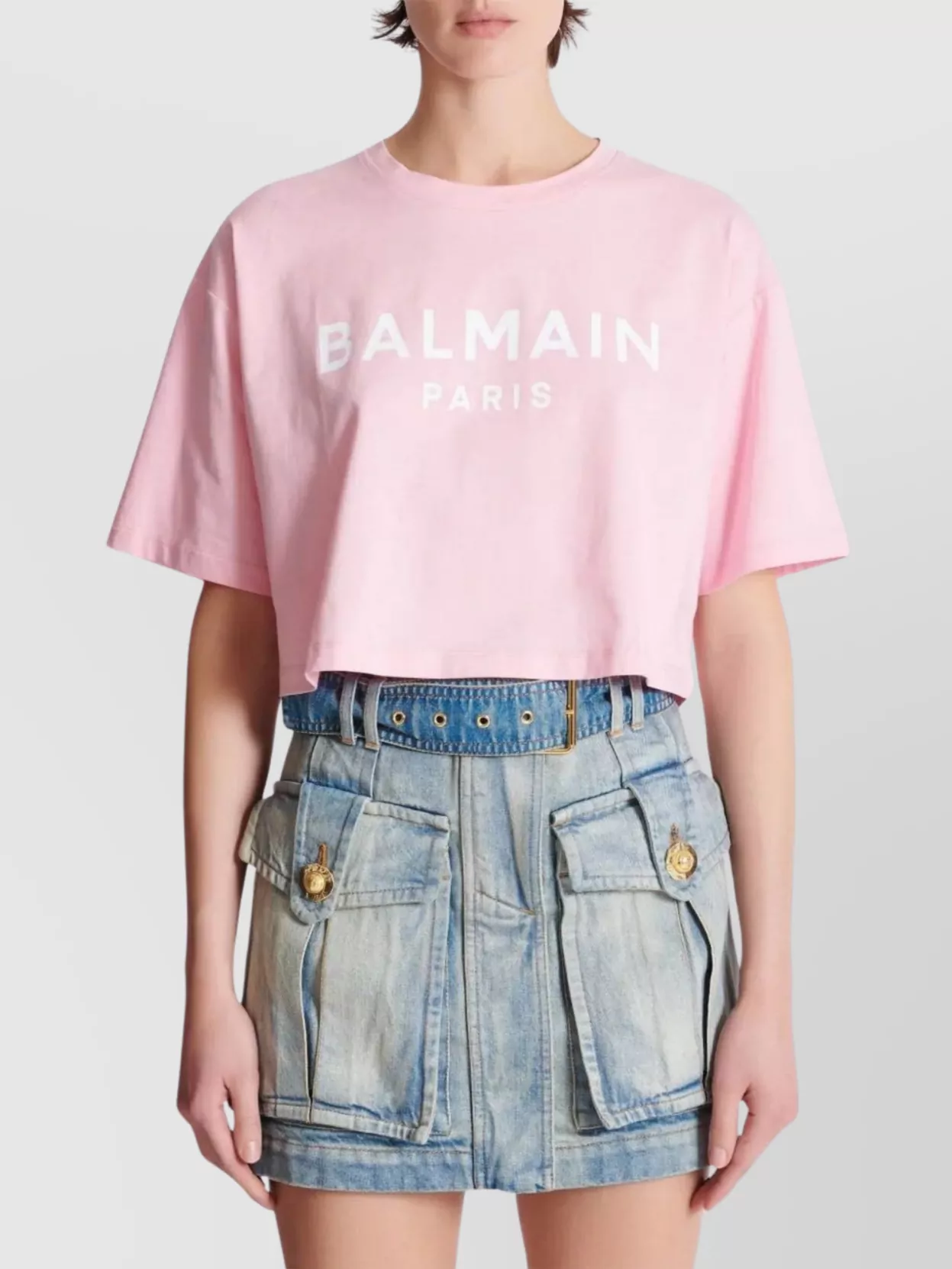 Balmain Paris Print Crew Neck Cropped Top