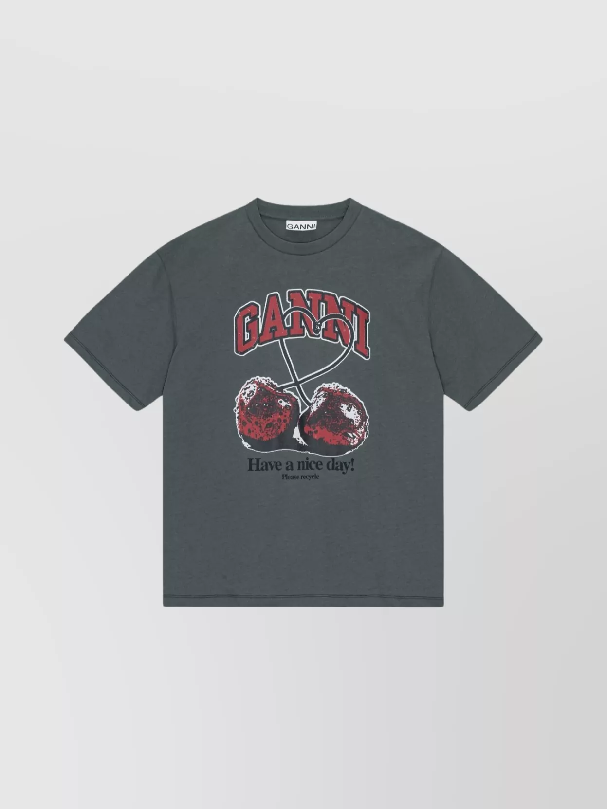 Ganni Graphic Cherry Print Crew Neck T-shirt In Gray