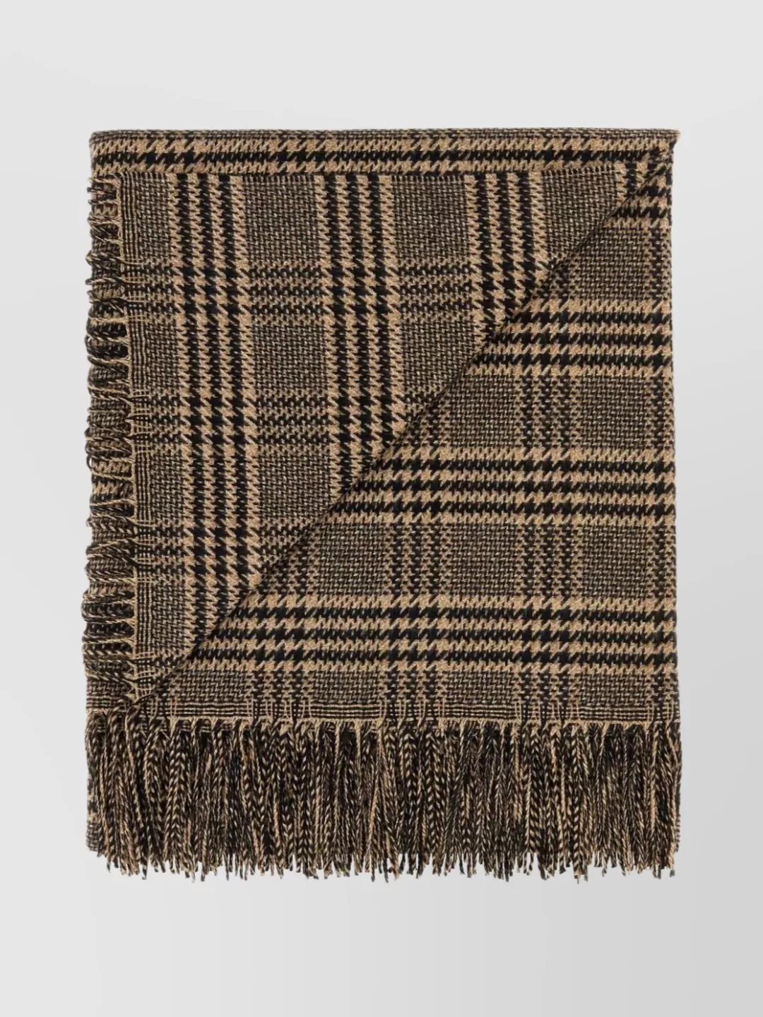 Saint Laurent Checkered Silk Blend Scarf With Fringe Trim In Brown