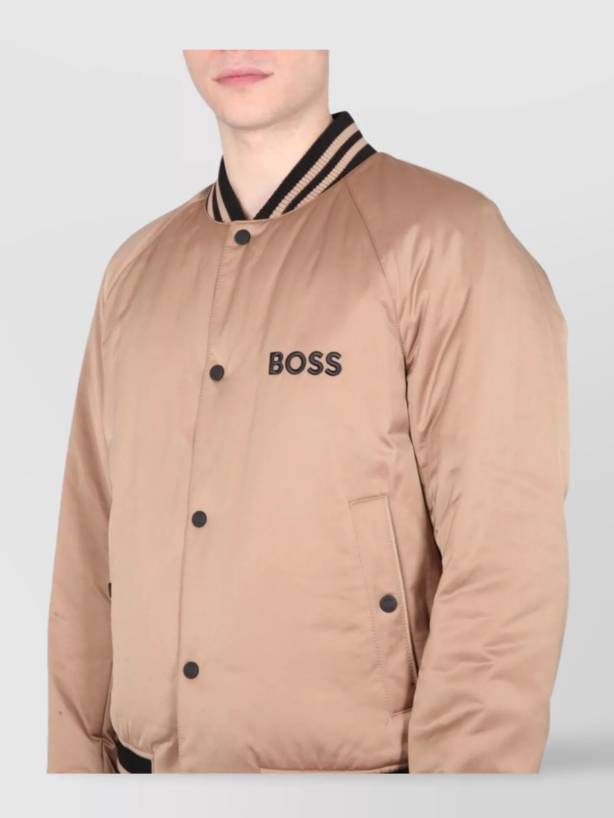 Hugo Boss Logo Bomber Jacket With Ribbed Collar And Cuffs In Neutral