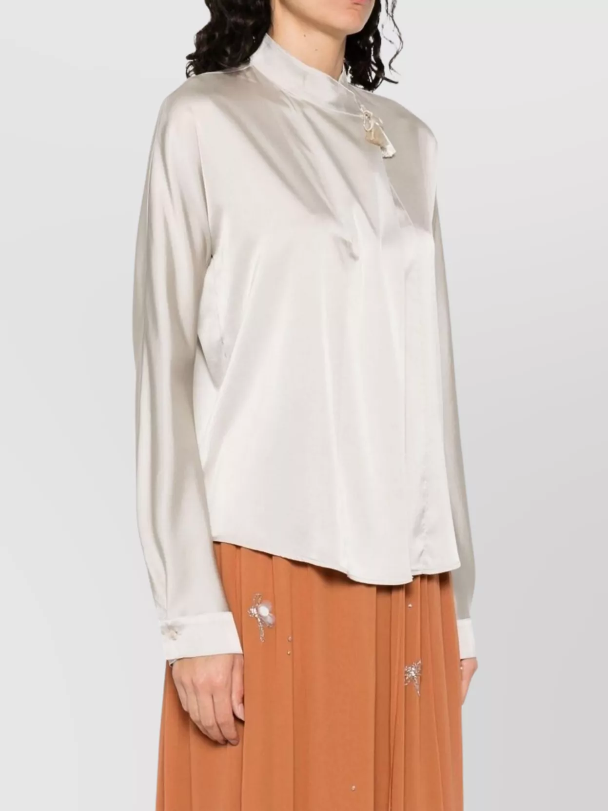 Forte Forte Long Sleeve Satin Blouse With Tassel Detail In Neutral