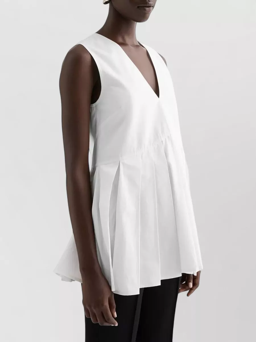 Jil Sander Sleeveless V Neck Top Flared Hem Pleated