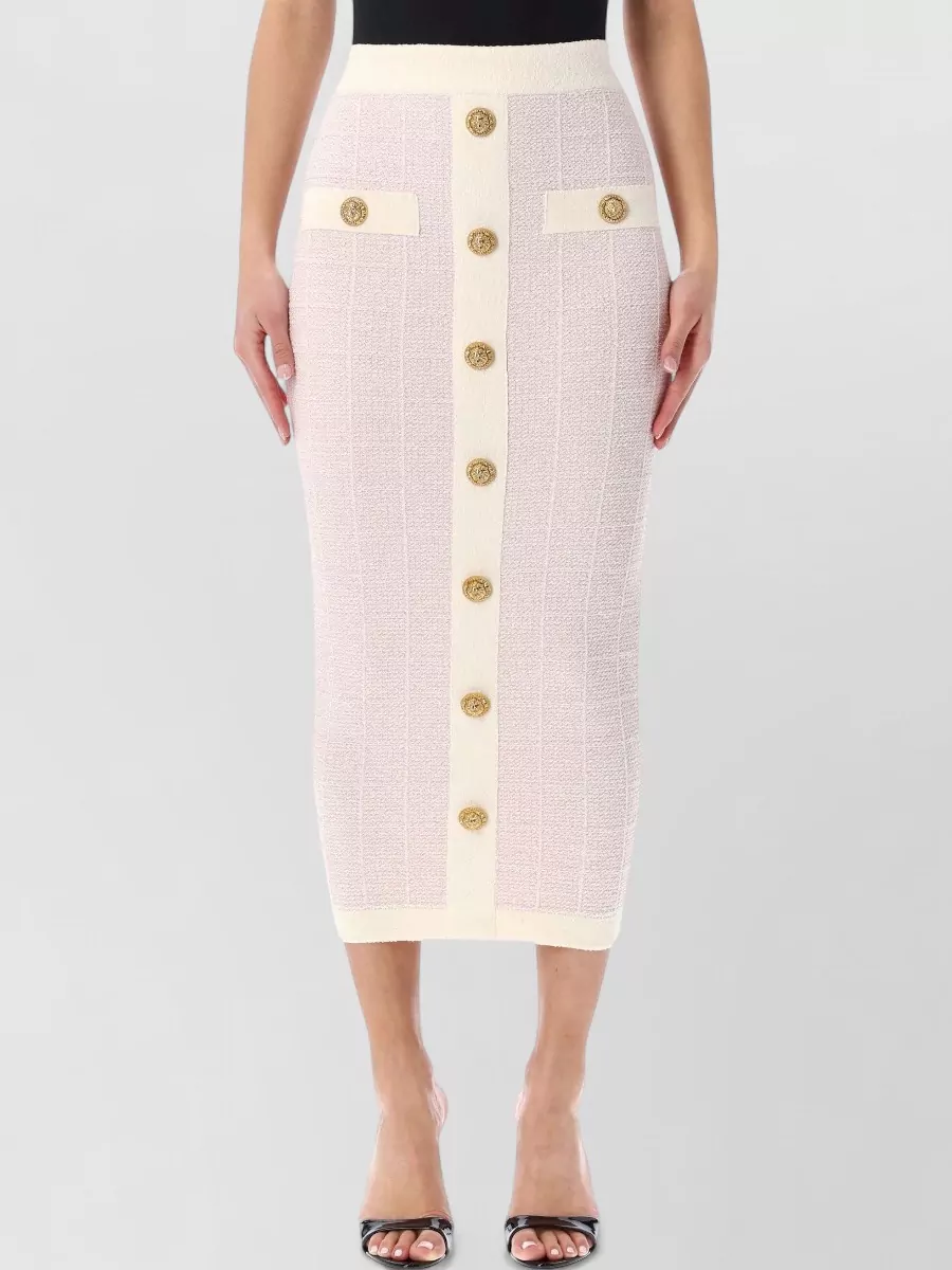 Balmain Tweed Skirt High Waist Gold Tone Buttons In White