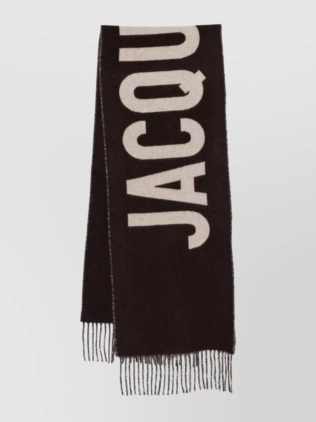 Jacquemus Rectangular Scarf With Fringed Edges And Bold Lettering In Brown