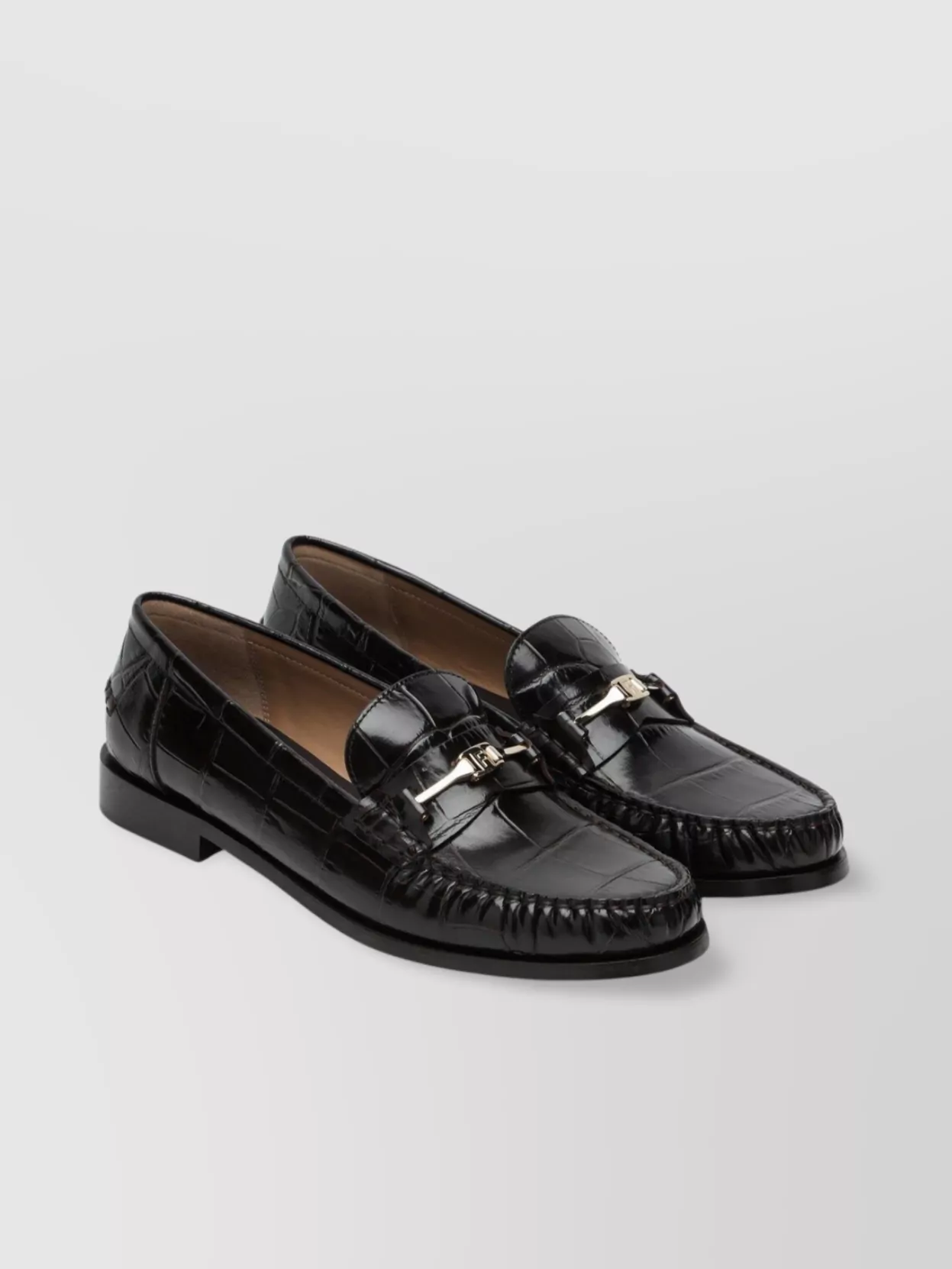 Ferragamo Crocodile Pattern Chain Metallic Moccasin