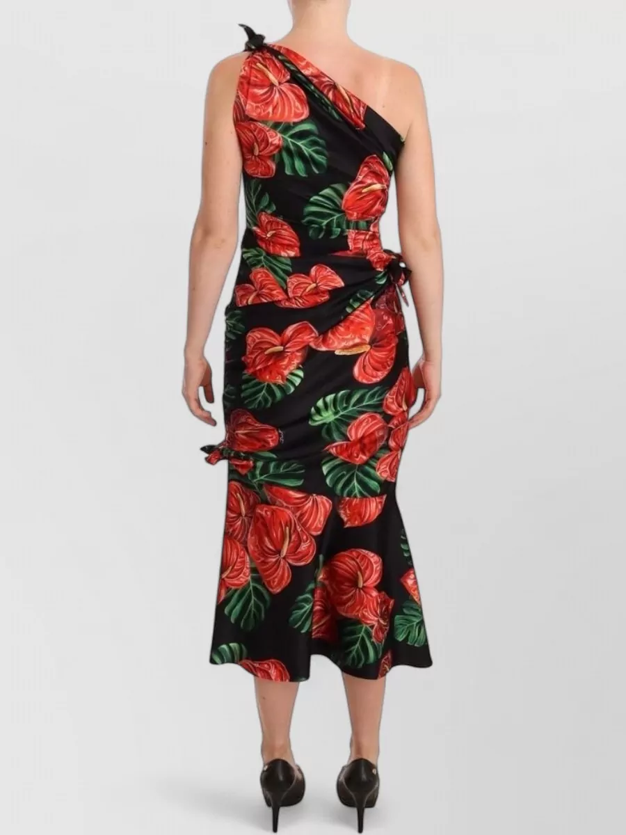 Dolce&Gabbana Silk Floral-Print Draped One-Shoulder Midi Dress