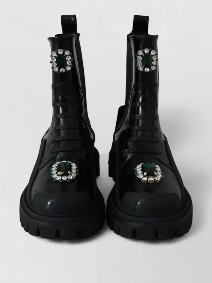 Dolce&Gabbana Leather Crystal-Embellished Combat Boots