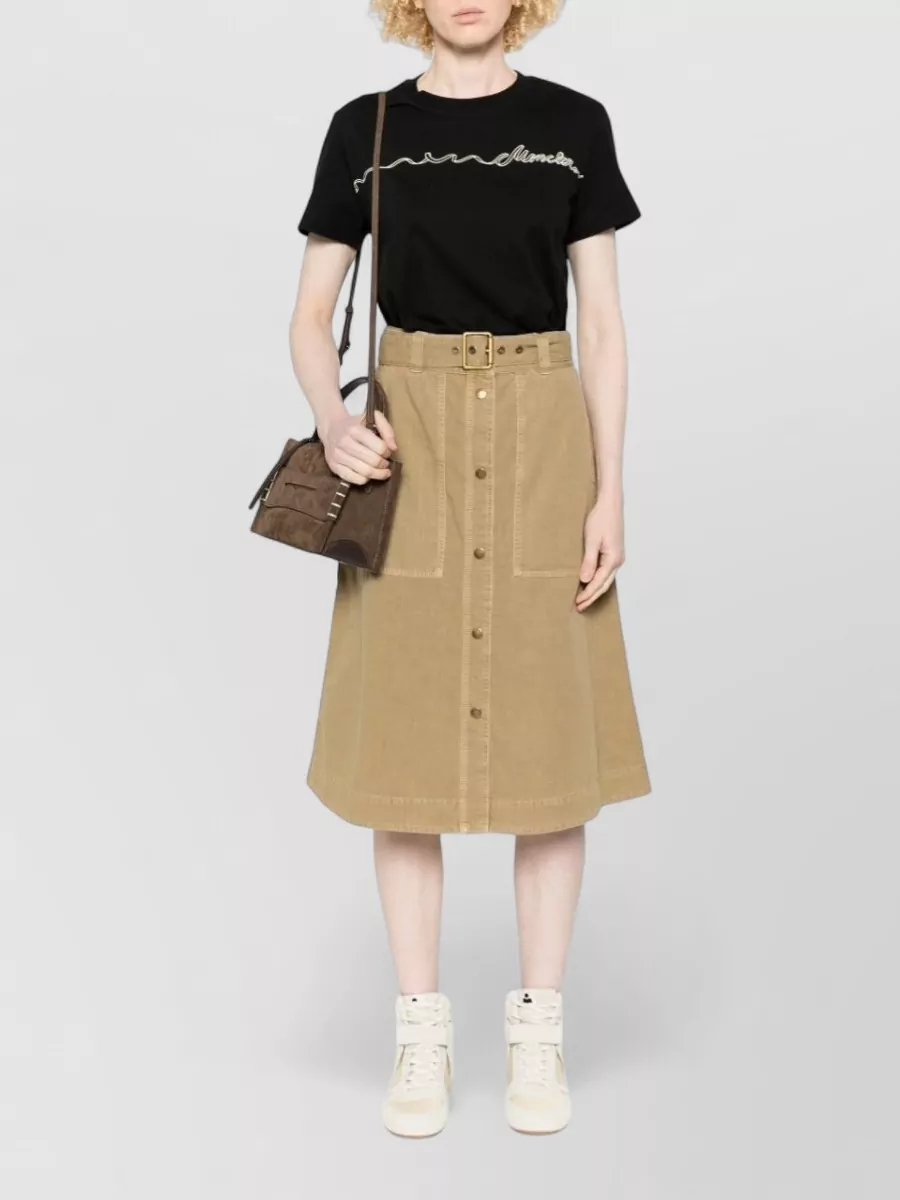 Moncler Cotton Belted Buttoned A-Line Midi Skirt