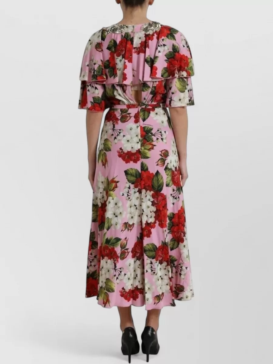 Dolce&Gabbana Silk Floral Print Crystal Embellished Short Sleeve V-Neck Midi Dress