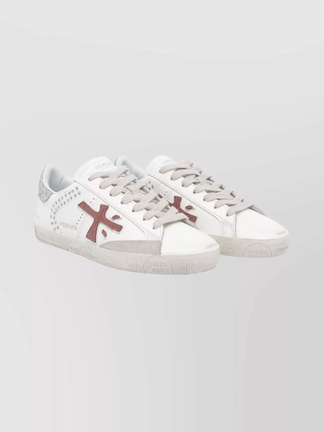Premiata Glitter Leather Sneakers Stud Embellishments In White