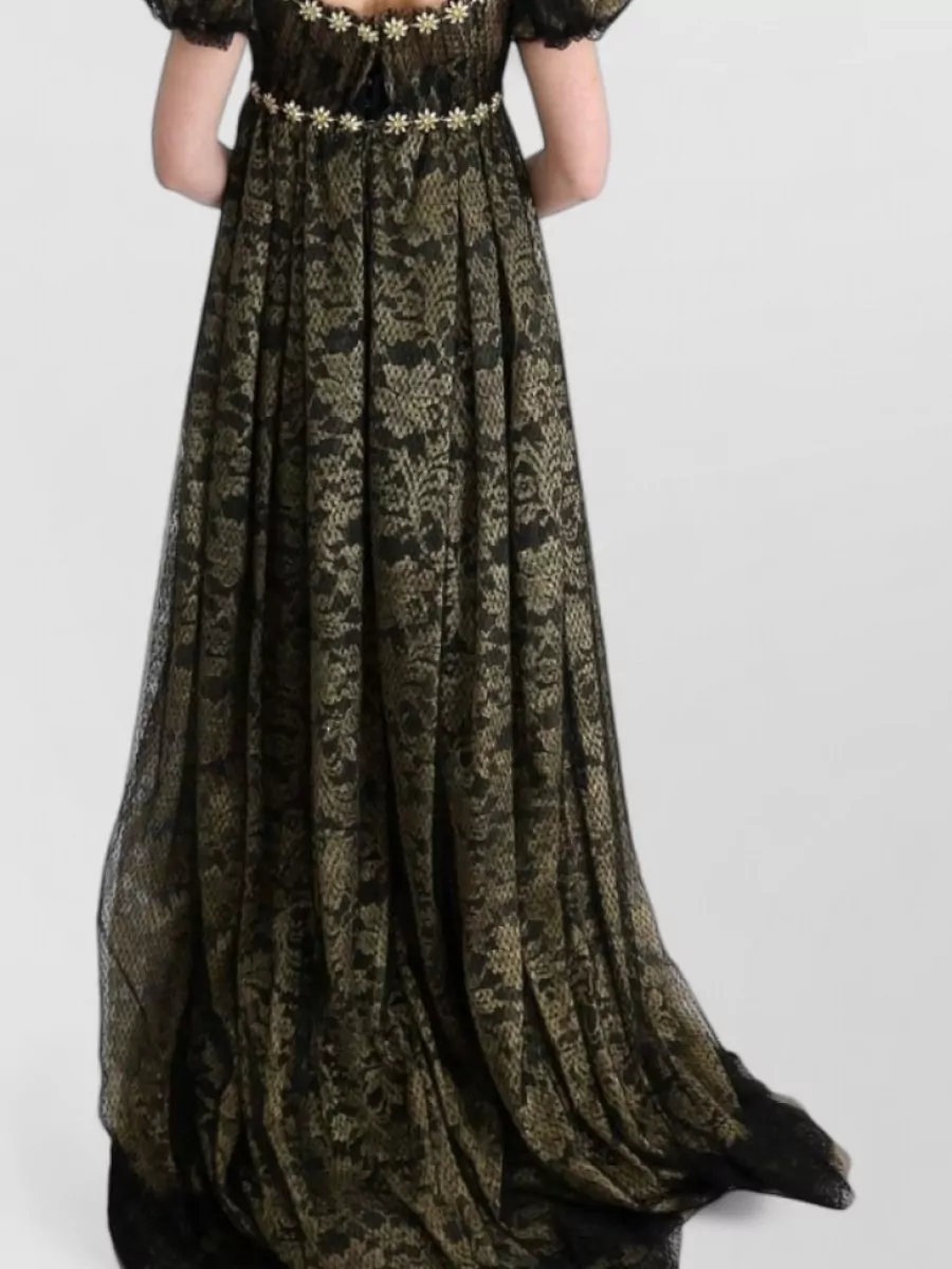 Dolce&Gabbana Crystal Lace V-Neck Puff-Sleeve Maxi Dress