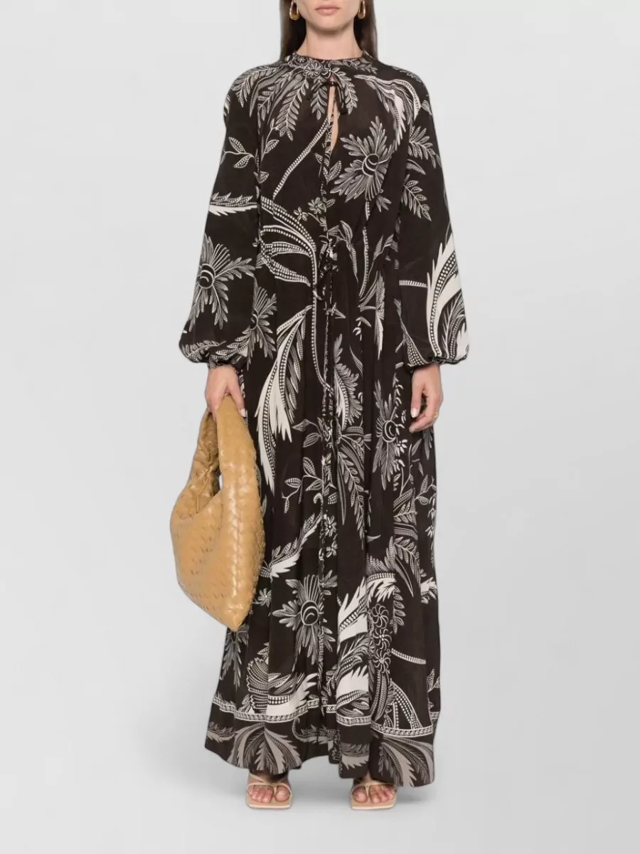 F.r.s For Restless Sleepers Silk Botanical-Print Crew-Neck Long-Sleeve Drawstring-Waist Flared Maxi Dress