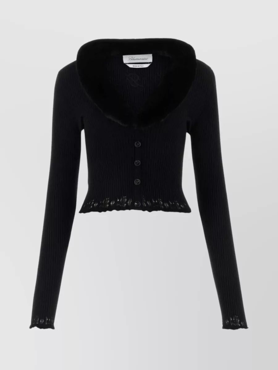 Shop Blumarine Viscose Blend Cropped Cardigan With Ribbed Texture And Fur Collar In Black