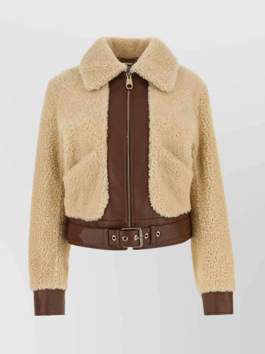 Shop Chloé Belted Hem Shearling Jacket In Brown