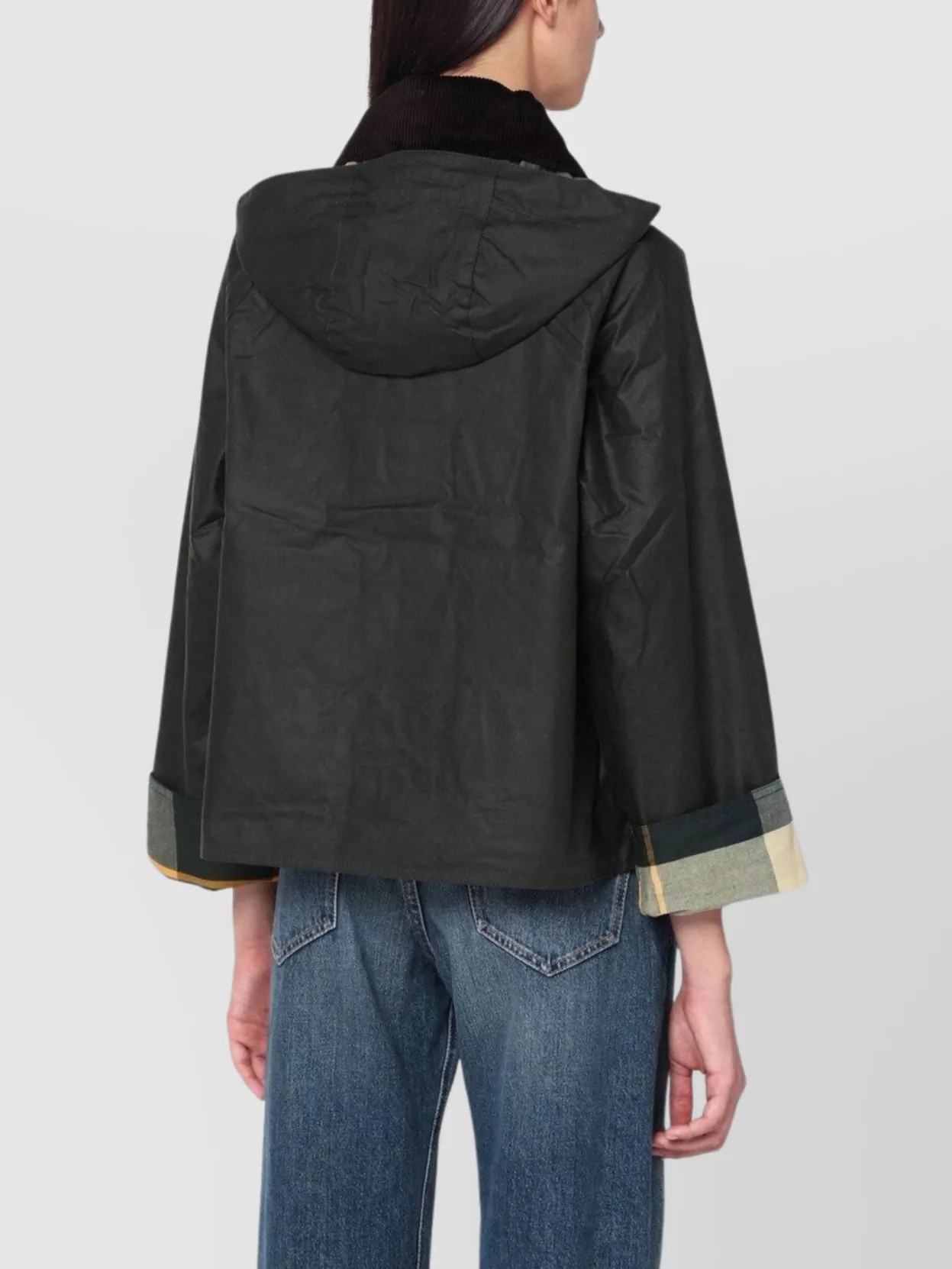 Barbour Waxed Jacket With Contrast Collar And Hood In Black