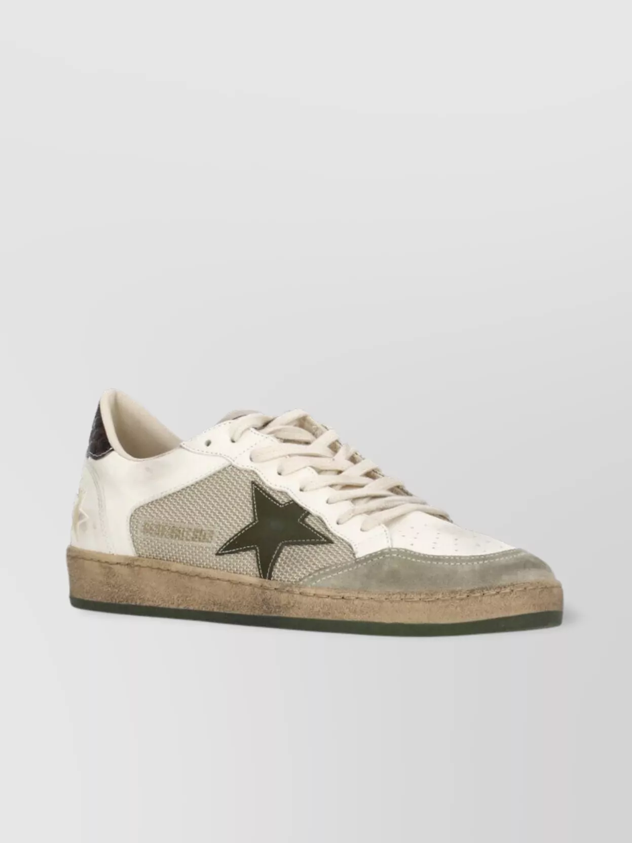 Golden Goose Ball Star Sneakers In Vintage Effect Leather With Olive Green Leather Star And Crocodile Effect Heel In White