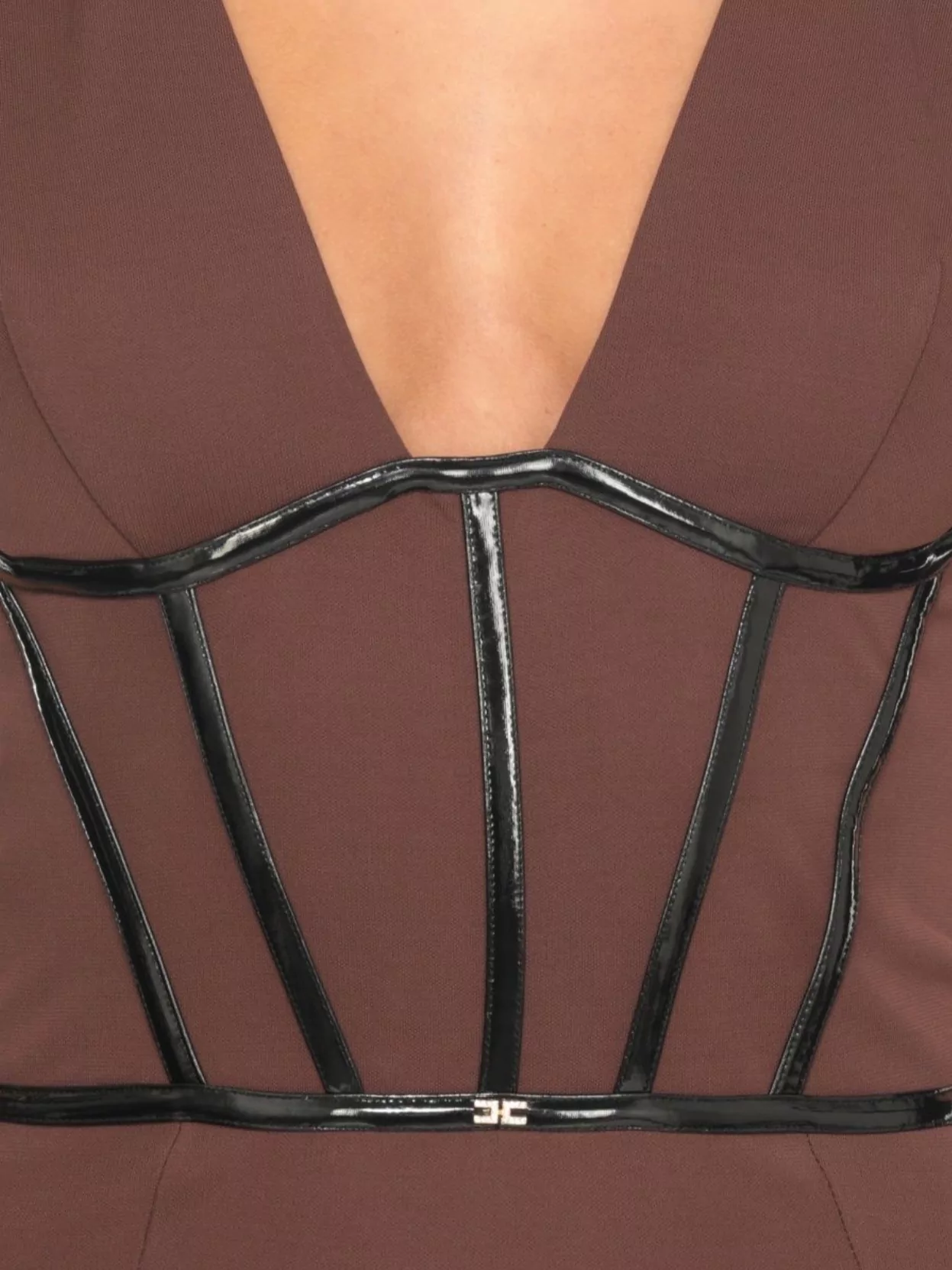 Elisabetta Franchi Midi Dress With Asymmetrical Hem And Corset In Brown