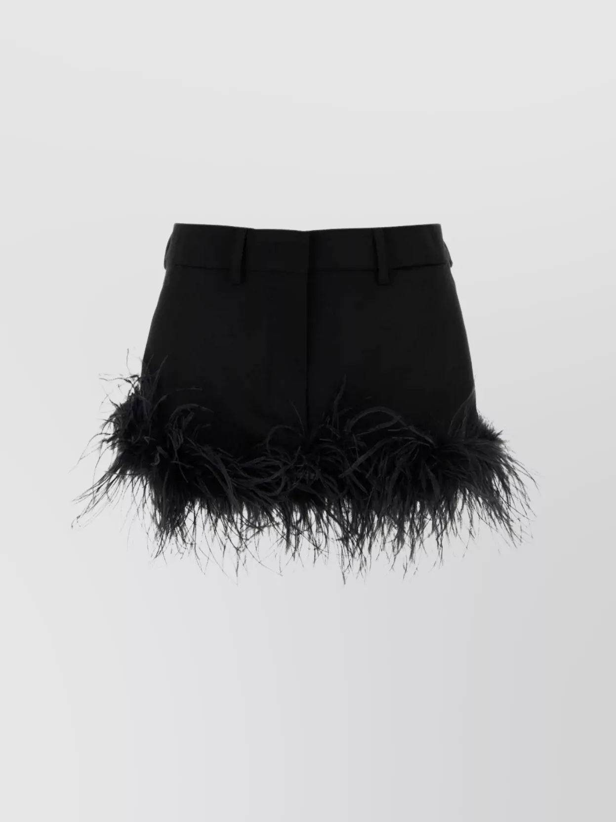 Shop Miu Miu Stretch Wool Mini Skirt With High Waist And Feather Trim In Black