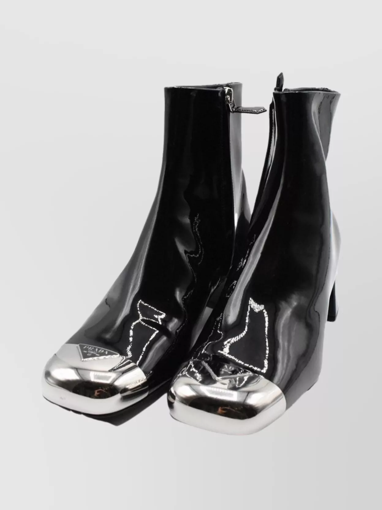 Prada Ankle Booties With Block Heel And Metallic Toe