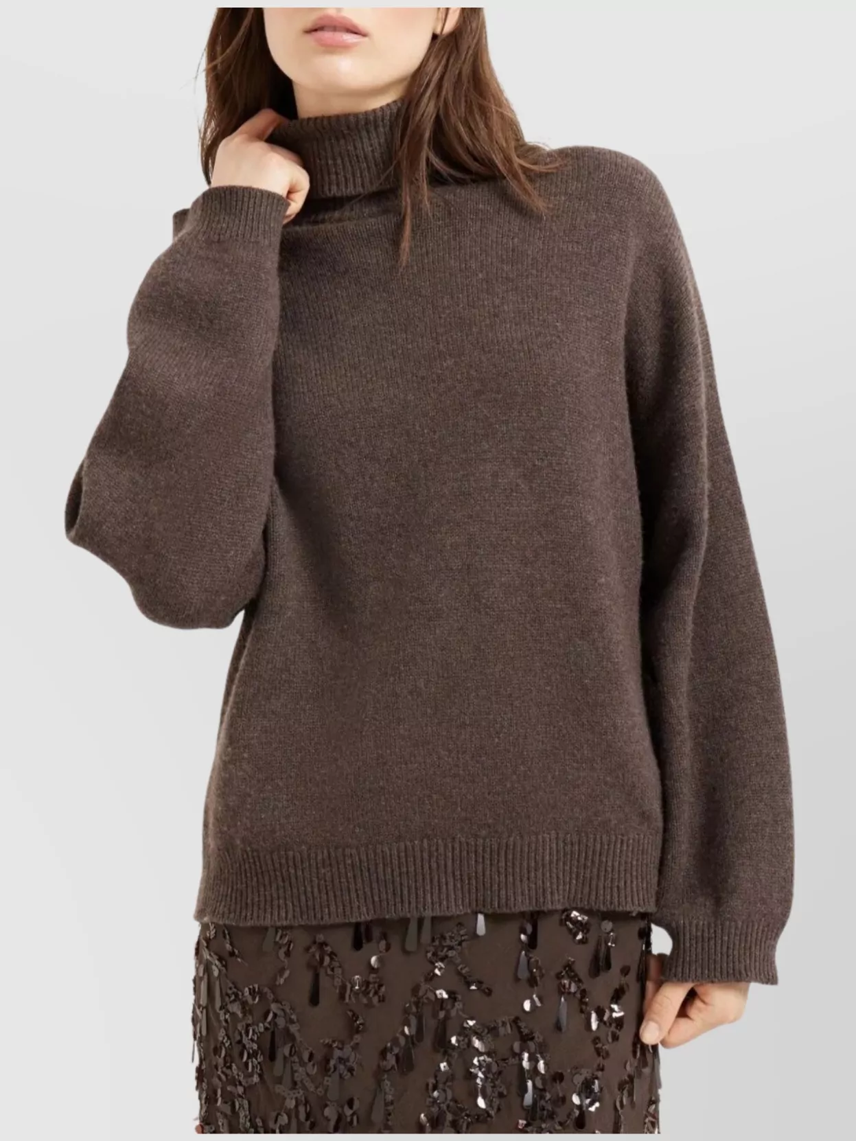 Brunello Cucinelli Ribbed Cashmere Turtleneck Sweater With Long Sleeves In Brown
