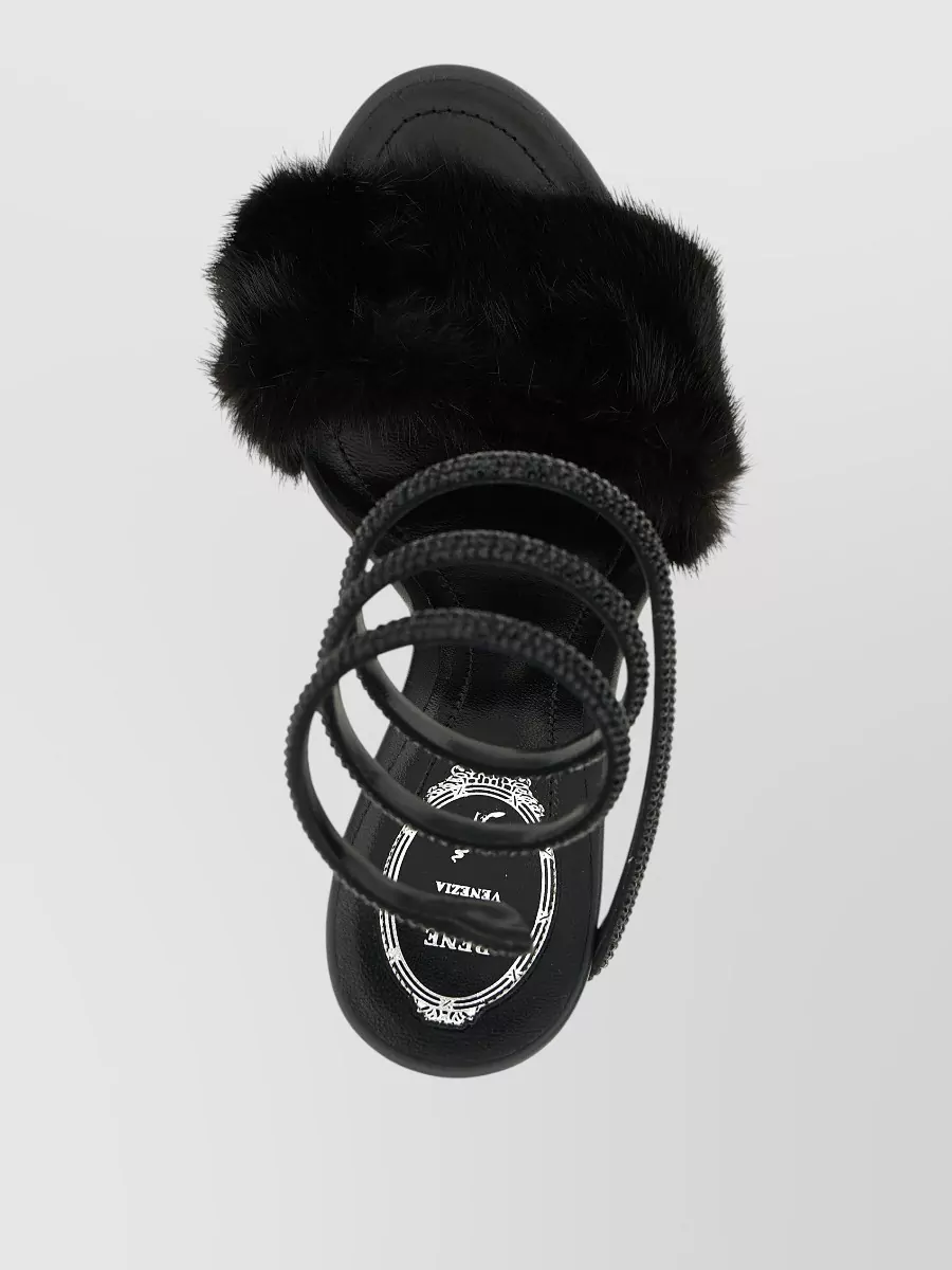 Rene Caovilla Leather Crystal Embellished Fur Strap Sandals