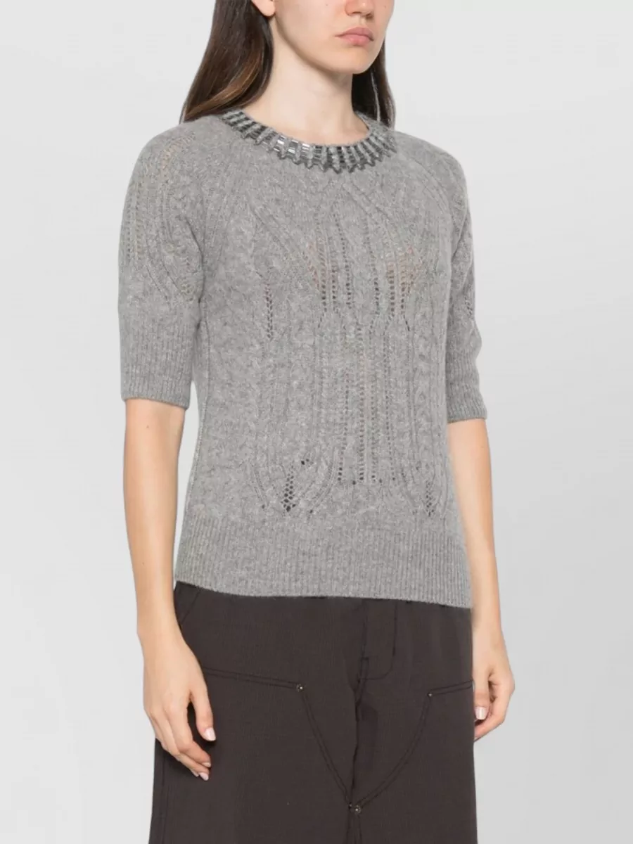 Ermanno Scervino Cashmere Cable-Knit Crystal-Embellished Short-Sleeve Sweater