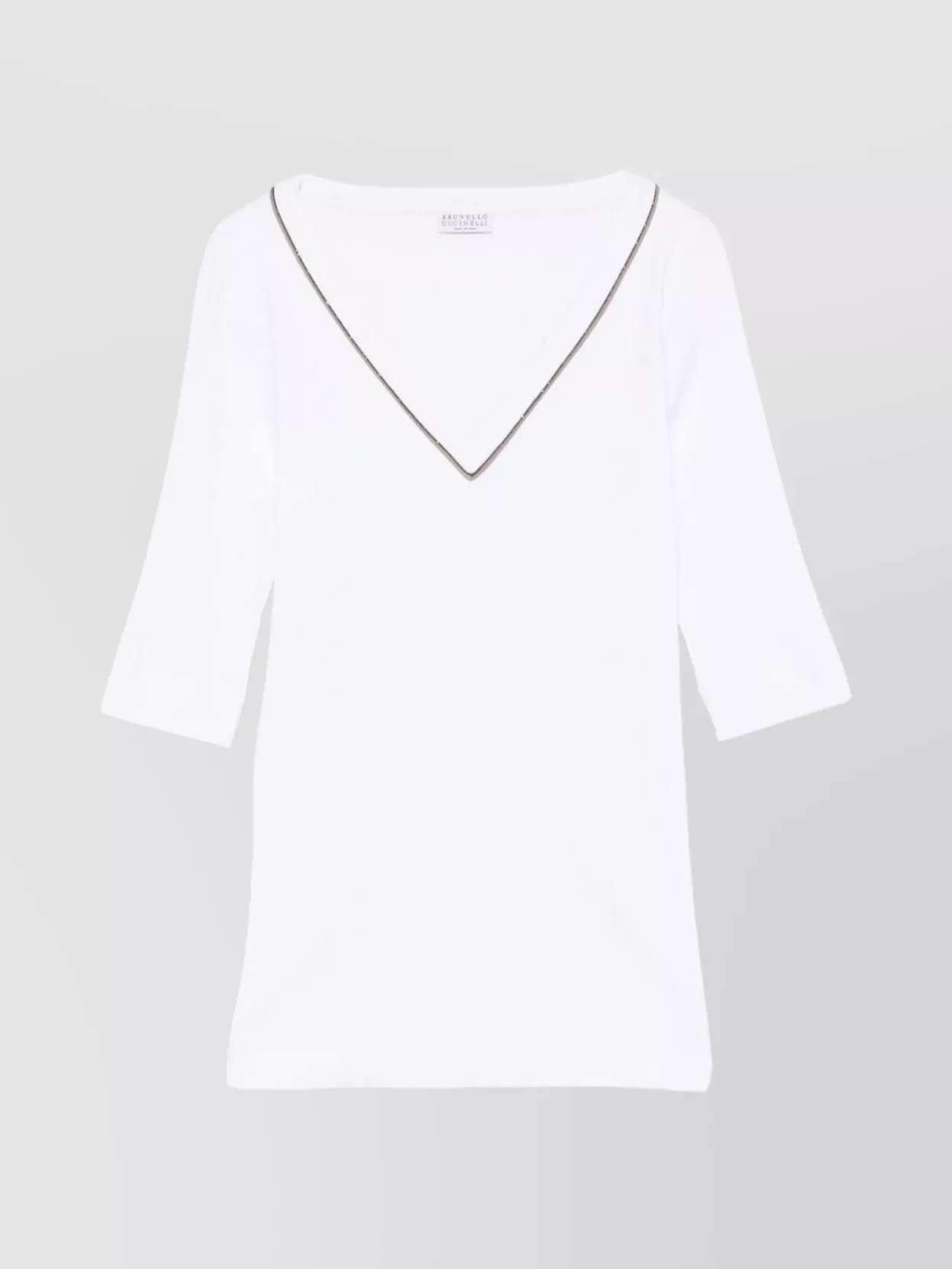 Brunello Cucinelli Ribbed V-neck 3/4 Sleeves Crewneck Contrast Trim In White