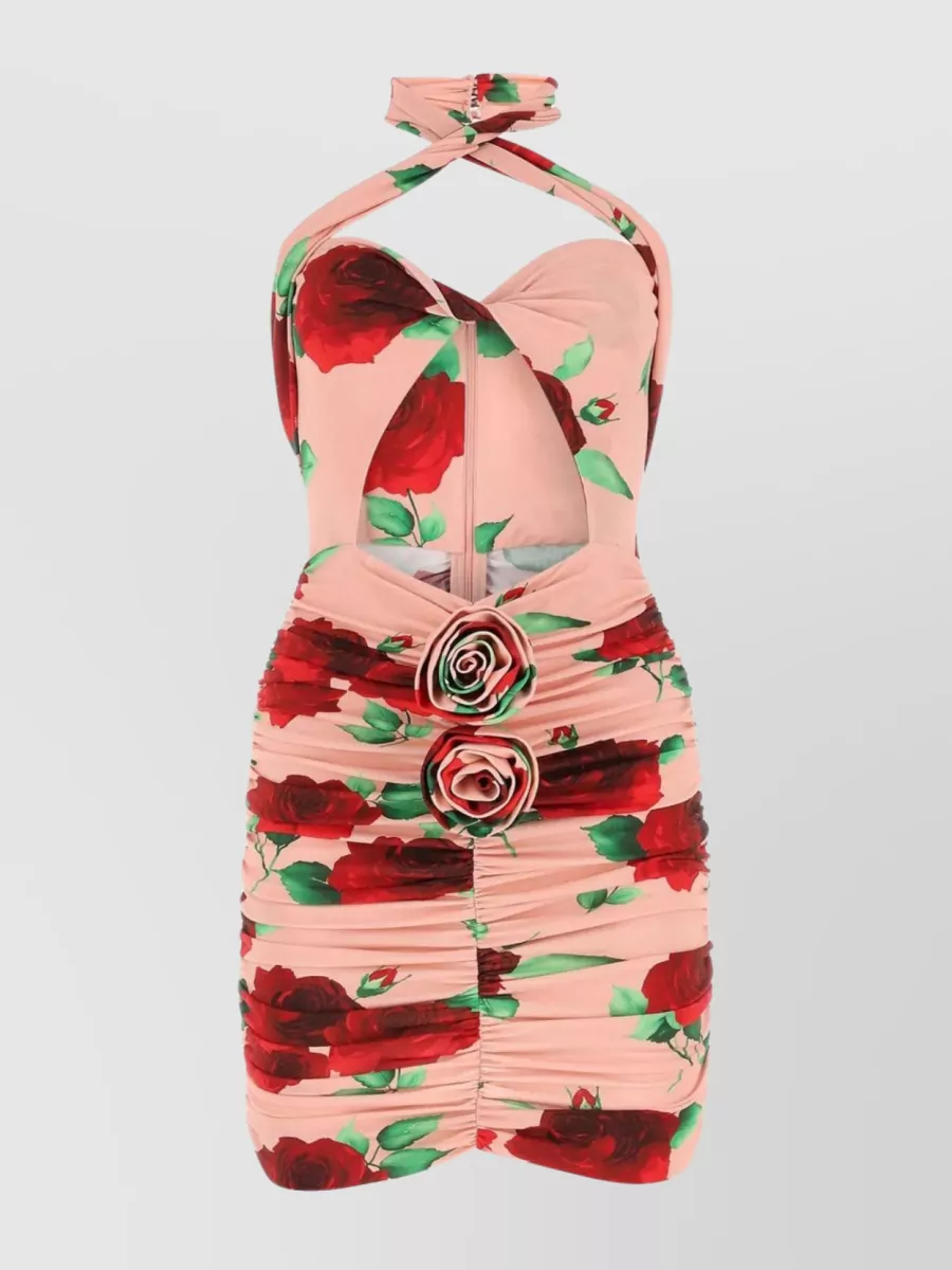 Shop Magda Butrym Floral Halterneck Mini Dress With Ruched Design In Pastel