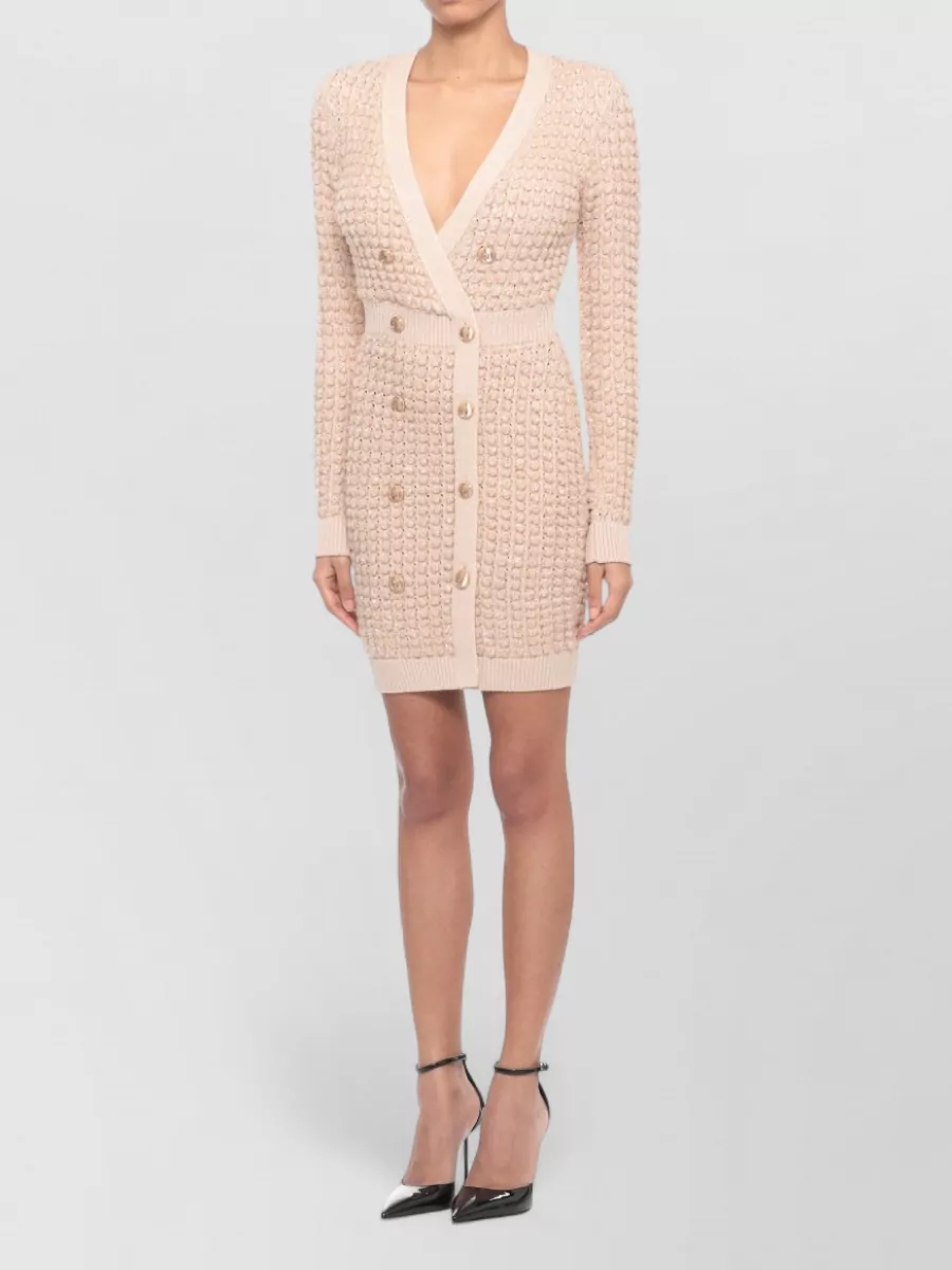 Elisabetta Franchi Sequined Ribbed V-Neck Long-Sleeve Mini Dress