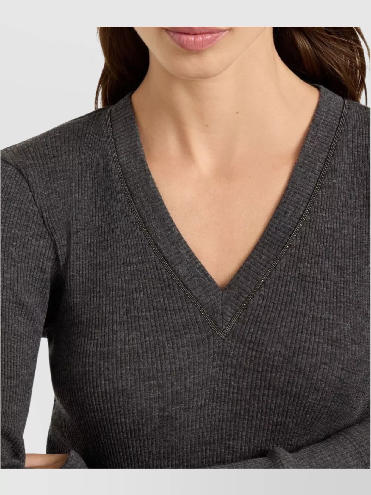 Brunello Cucinelli Fitted Long Sleeve Ribbed V Neck Top