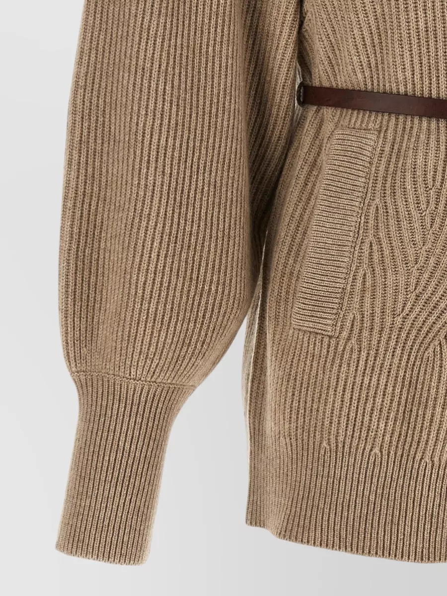Brunello Cucinelli Cashmere Wool Silk Ribbed Belted High Neck Cardigan