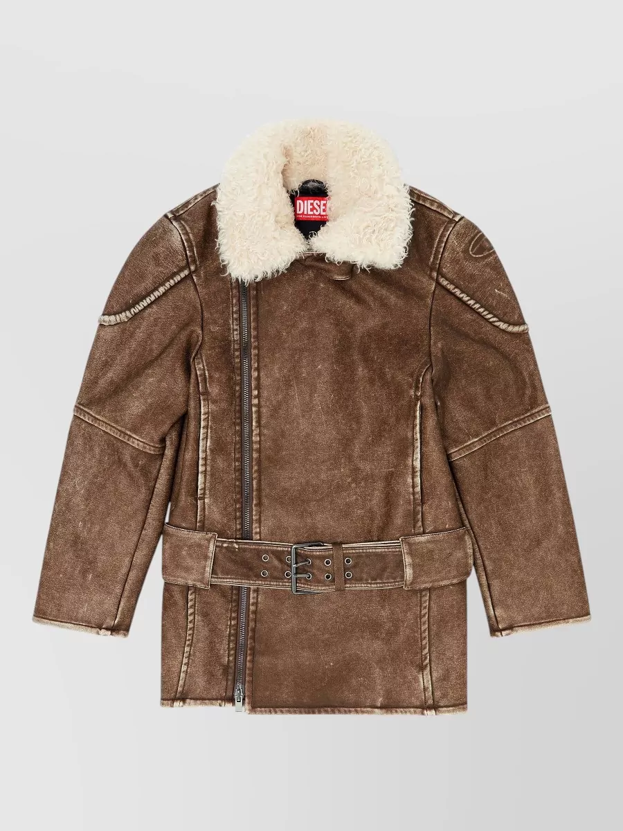Diesel faux leather belted aviator jacket