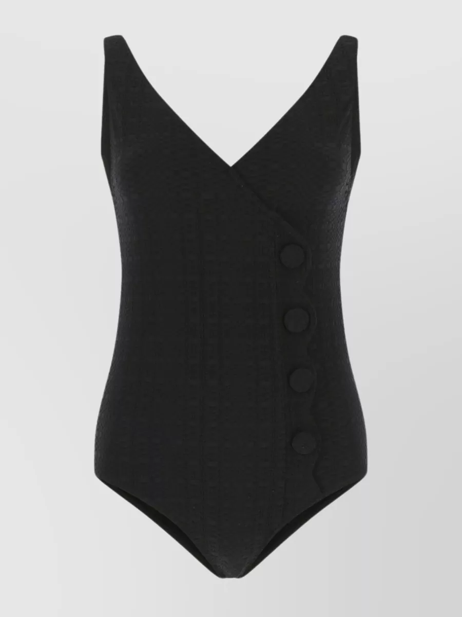 Shop Lisa Marie Fernandez Scallop V-neck Swimsuit In Stretch Seersucker In Black