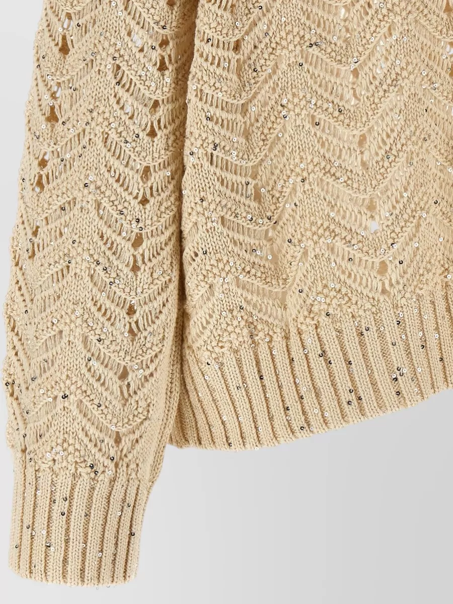 S Max Mara Cotton Chevron-Knit Sequin V-Neck Long-Sleeve Sweater