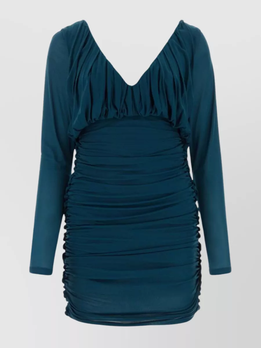 Shop Saint Laurent V-neck Draped Jersey Mini Dress In Cyan