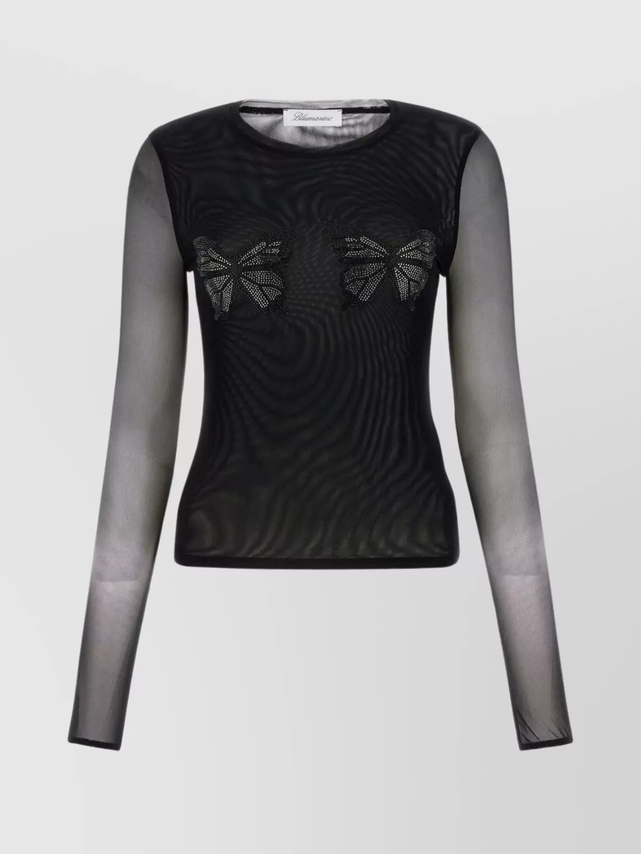 Shop Blumarine Sheer Sleeve Fitted Top With Butterfly Embellishments