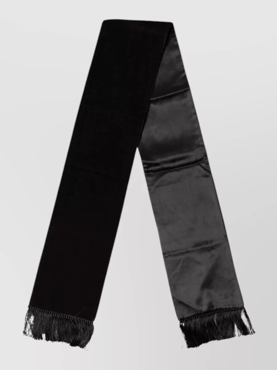 Dolce&Gabbana Silk fringe scarf — Dolce&Gabbana’s black velvet evening scarf quietly echoes the blazer and shoes in both texture and formality, framing the neckline with rich depth rather than extra color.