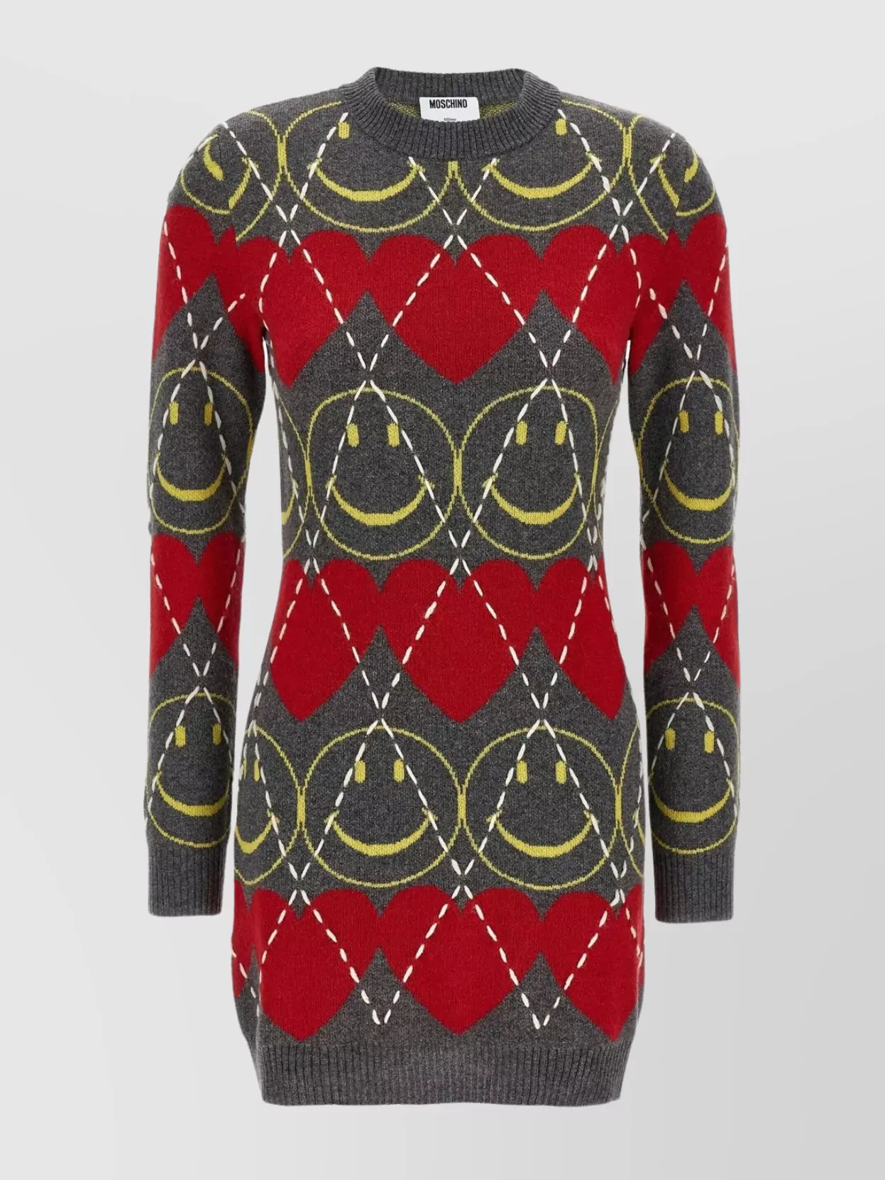 Moschino Crew Neck Long Sleeve Graphic Dress In Multi