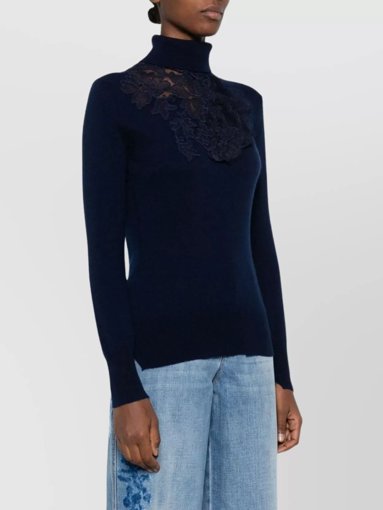 Ermanno Scervino High Neck Floral Lace Knitwear In Blue