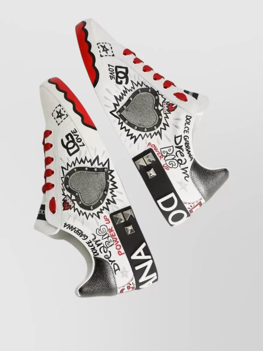 Dolce&Gabbana Leather Graffiti-Print Heart-Patch Low-Top Sneakers