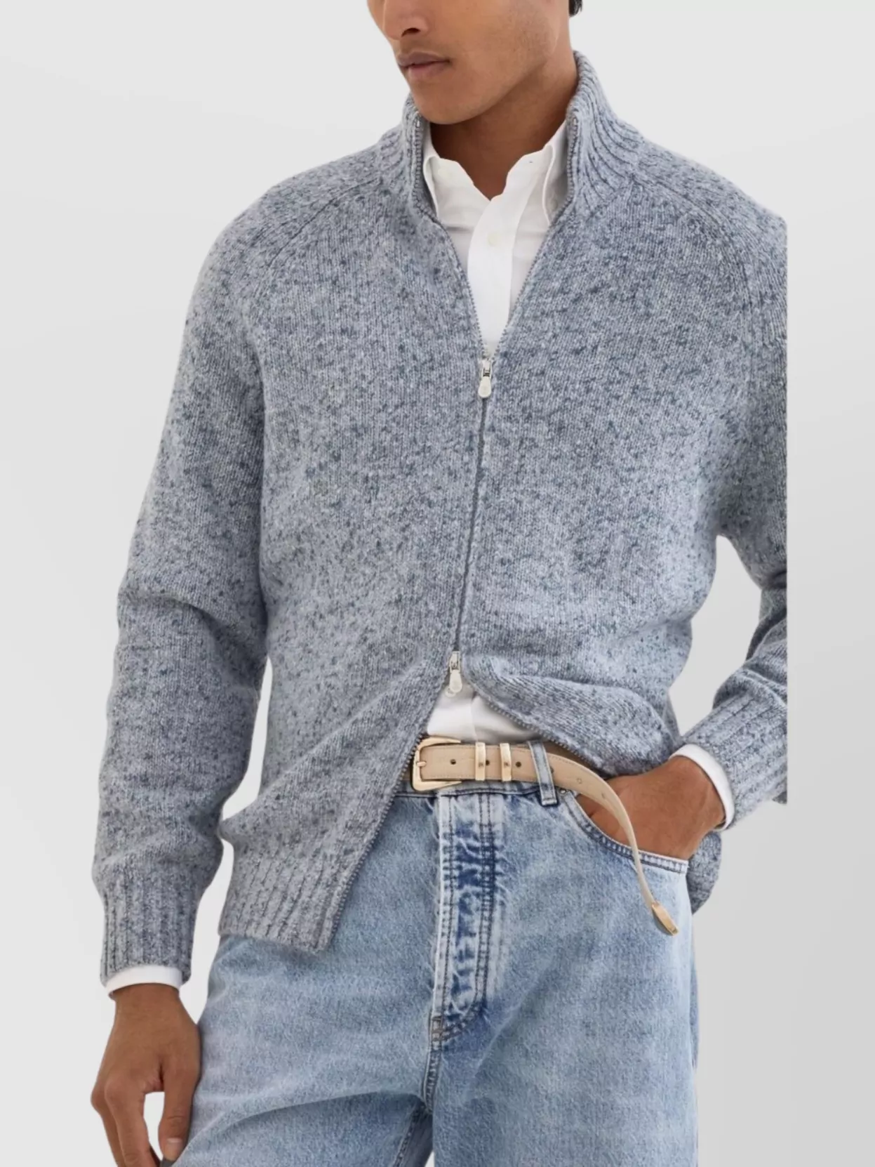 Brunello Cucinelli Cashmere Stand-up Collar Cardigan With Textured Knit In Gray